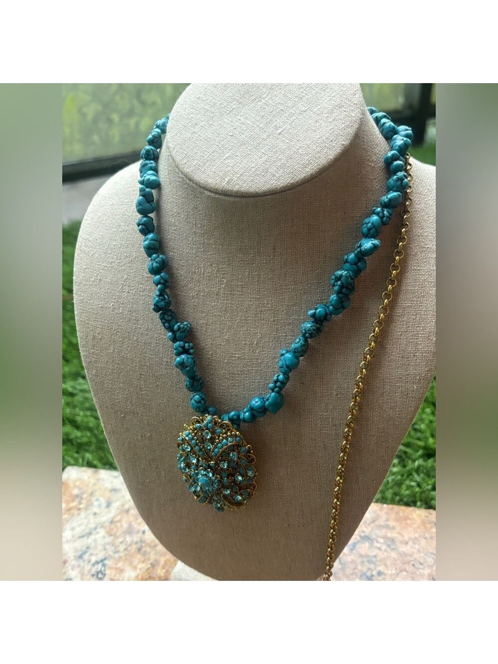 💙 RARE 1928 Designer Turquoise Blue Stone Statement Necklace • Crystal Medallion - Picture 6 of 14